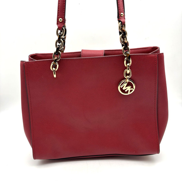 Michael Kors SOFIA Scarlet Red Leather Tortoise Shell Gold Chain Tote Purse - Picture 1 of 16